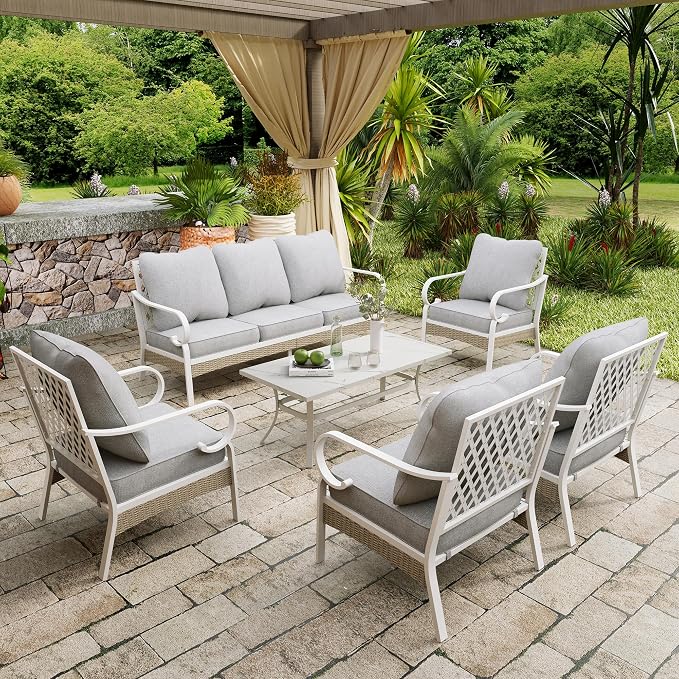 6 Piece Metal Patio Furniture Set, 7-Seat All Weather Outdoor Conversation Set with 3-Seat Sofa & 4 Fixed Chairs & Coffee Table, Outdoor Sofa Set for Backyard, Deck, Garden, White/Light Grey