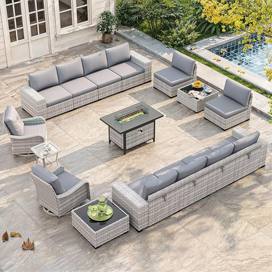 16 Piece Outdoor Wicker Sectional Sofa Set with Swivel Chairs & Fire Pit Table, 12-Seats with 4" Thickened Cushions & Coffee Table, All-Weather PE Rattan for Garden, Backyard, Porch, Gray