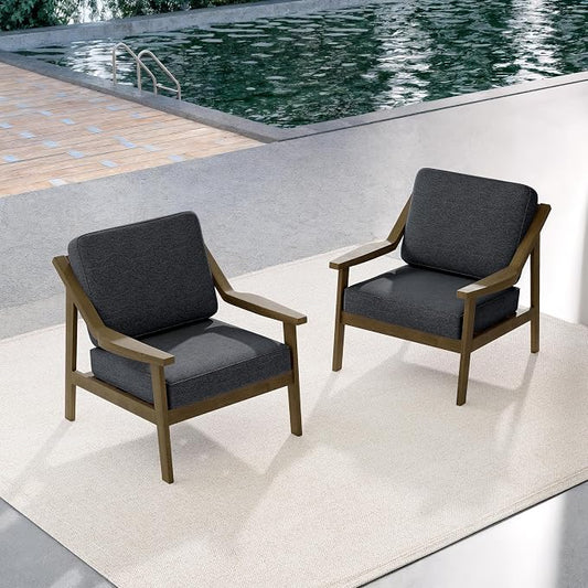 Outdoor Patio Furniture Set, 2 Piece Outdoor Patio Sofa Armchairs with Washable Thick Cushions, All-Weather Solid Wood Patio Bistro Set for Porch, Balcony, Natural Frame & Dark Gray Cushion