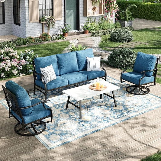 MIXPATIO Patio Furniture Set 4 pcs, Metal Outdoor Patio Furniture, 3-Seat Sofa, 2 Swivel Chairs, Coffee Table and 5.75" Extra Thick Cushion, Conversation Set for Backyard Deck, Gemstone Blue
