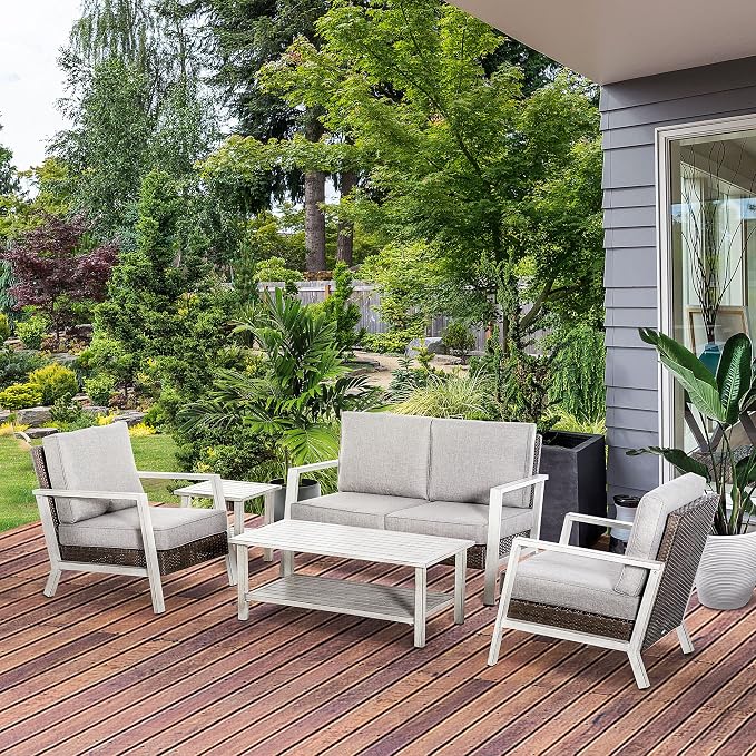 Outsunny Aluminum Patio Furniture Set, 5 Piece Modern Outdoor Conversation Set with Loveseat Sofa, Chairs, Cushions, Coffee Table & Side Table, Gray