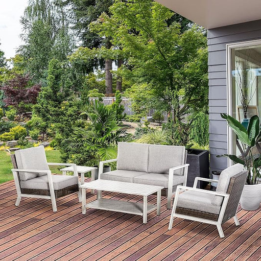 Outsunny Aluminum Patio Furniture Set, 5 Piece Modern Outdoor Conversation Set with Loveseat Sofa, Chairs, Cushions, Coffee Table & Side Table, Gray