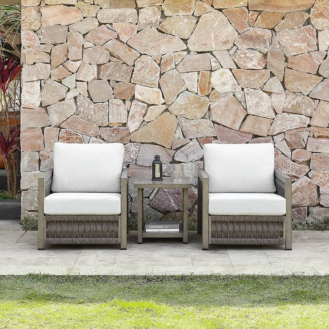 Patio Armchair, Rope Weave Outdoor Chair with Widened Armrests & Thick Cushions, All-Weather Aluminum Deep Seating Chair, Never Rust Patio Furniture for Garden, Porch, Deck, Gray Oak | Aluminum Frame