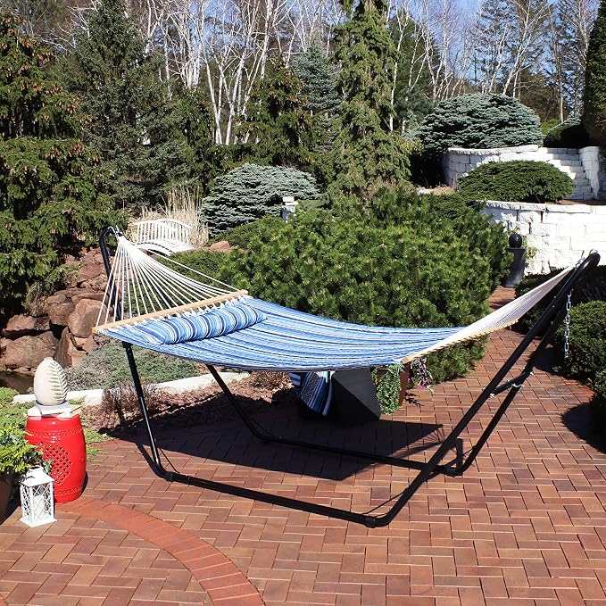 Sunnydaze Quilted Double Hammock with Stand for Outside - 440 lb Capacity Universal Black Steel Stand - UV Resistant, Quick Dry Fabric - Pillow, Chains, and Hardware Included - Catalina Beach