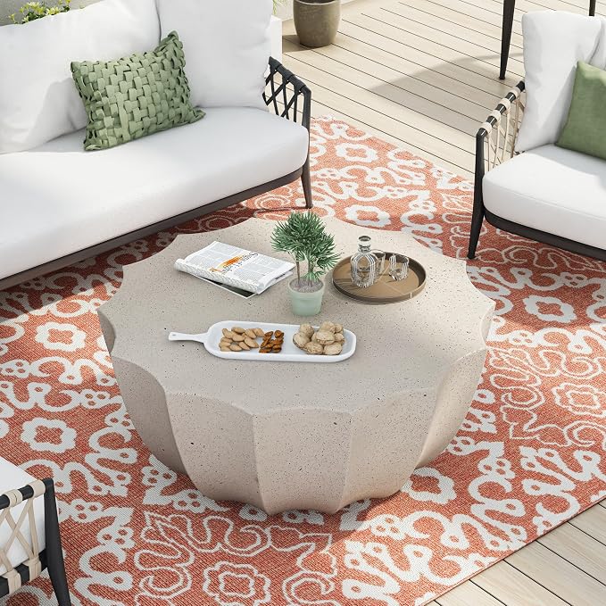 35.43" Faux Stone Coffee Table Round for Indoor or Outdoor Concrete Coffee Tables MgO Cement Center Tables for Living Room, Patio, Garden, Backyard, Balcony, Waterproof，White Bowl