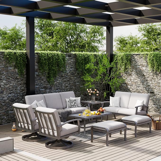 HAPPATIO 8 Piece Aluminum Patio Furniture Set, 3-Seat Outdoor Couch and Loveseat, All-Weather Outdoor Sectional Sofa with Swivel Armchairs, Garden Conversation Set with Tables (Gray)