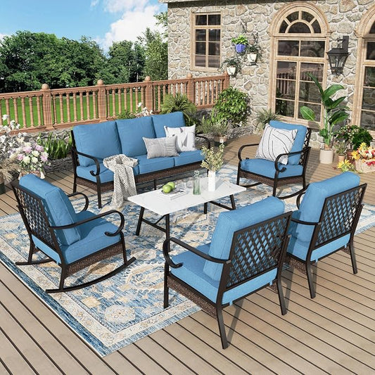 MIXPATIO Patio Furniture Set with Coffee Table, Outdoor Conversation Set with 2 x Fixed Chairs, 2 x Rocking Chairs, 1 x 3-Seat Sofa for Lawn Garden Backyard, Navy Blue