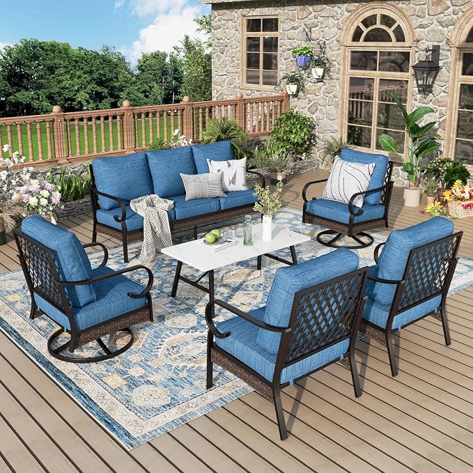 MIXPATIO Patio Furniture Set with Coffee Table, Outdoor Conversation Set with 2 x Fixed Chairs, 2 x Swivel Chairs, 1 x 3-Seat Sofa for Lawn Garden Backyard, Pacific Blue