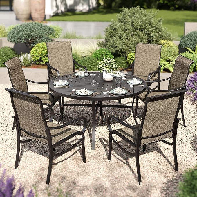 PHI VILLA Round Patio Dining Set for 6 Person, 54'' Round Metal Slat Table with Umbrella Holes and 6 High Back Fixed Chairs All Weather Patio Furniture Set for Outdoor Deck Garden Yard