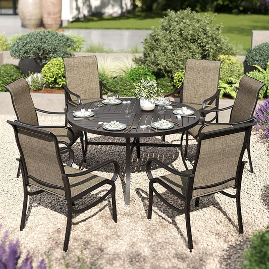 PHI VILLA Round Patio Dining Set for 6 Person, 54'' Round Metal Slat Table with Umbrella Holes and 6 High Back Fixed Chairs All Weather Patio Furniture Set for Outdoor Deck Garden Yard