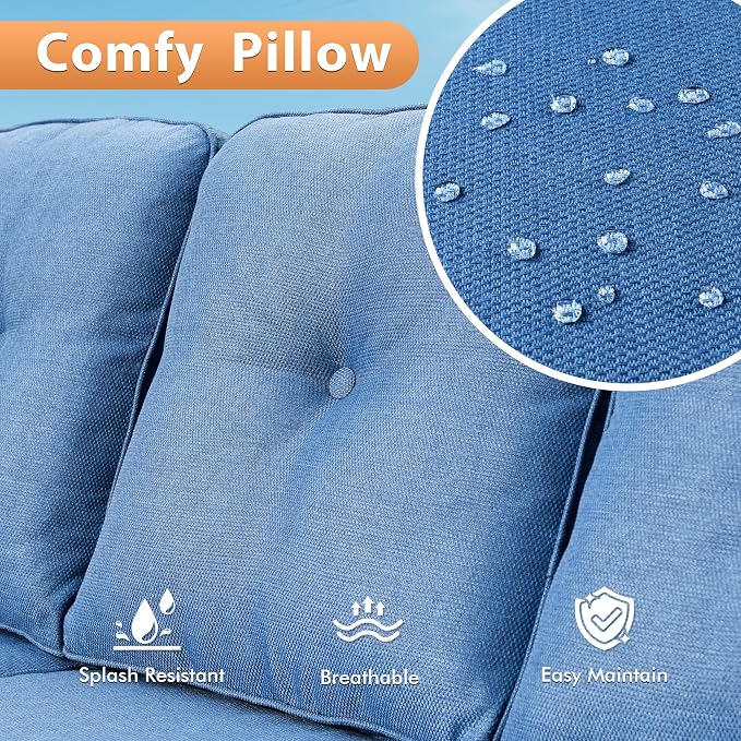 Outdoor Patio Furniture Sets, 4 PCS Patio Conversation Set Outside Rattan Sofa with Solar Light Coffee Table Comfy Cushions Fit Backyard Porch Garden Poolside Balcony,Diamond Blue