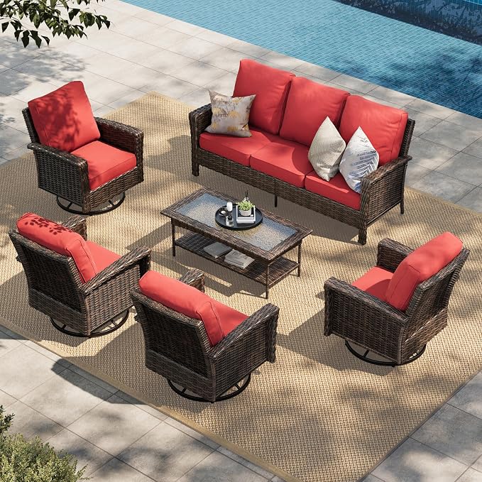 HERA'S HOUSE Red Patio Furniture Set, 35" High Back Swivel Chair with 5.5" Thick Cushions, Oversized Outdoor Wicker Conversation Set for Deck Garden Poolside Backyard Lawn