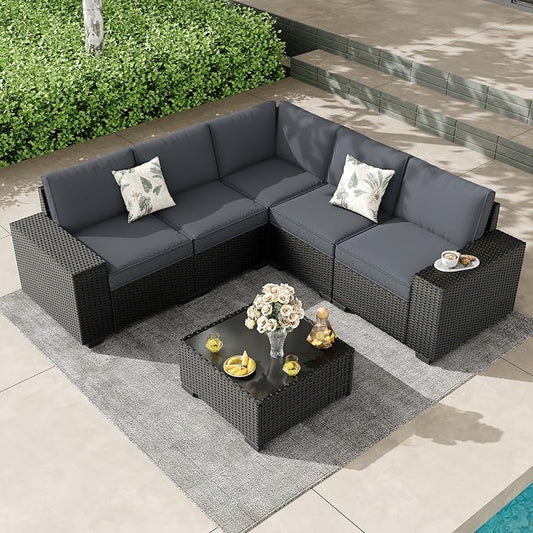 6 Pieces Patio Furniture Set, Outdoor Couch Sofa with Wider Armrests & Glass Coffee Table, Outdoor Sectional Furniture with Thick Cushions for Party, Poolside,Garden-Gray