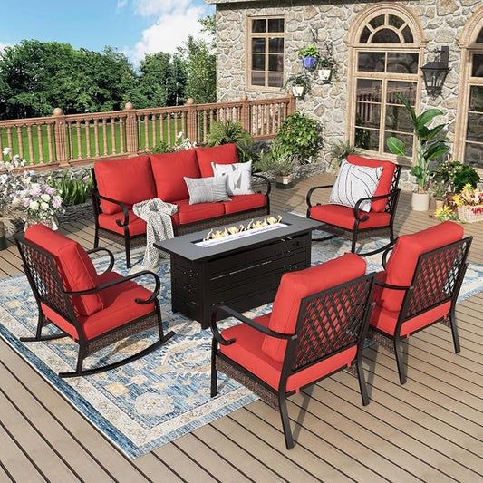 MIXPATIO Patio Furniture Set with Fire Pit Table, Metal Outdoor Conversation Set with 2 x Fixed Chairs, 2 x Rocking Chairs, 1 x 3-Seat Sofa for Lawn Garden Backyard, Red