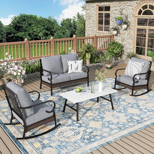 MIXPATIO Patio Furniture Set with Coffee Table, Outdoor Conversation Set with 2 x Rocking Chair, 1 x 2-Seat Sofa for Lawn Garden Backyard, Grey