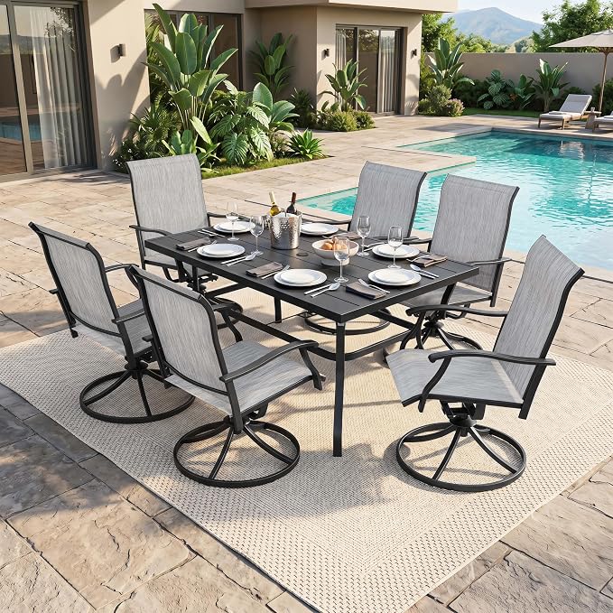 NUU GARDEN 7-Piece Patio Dining Set with Umbrella Hole, Rectangular Metal Outdoor Dining Table and Textilene Swivel Chairs, Patio Furniture Set for Garden Deck Backyard Balcony, Light Gray