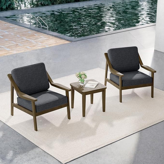 Outdoor Patio Furniture Set, 3 Piece Patio Conversation Sets with Washable Thick Cushions, All-Weather Solid Wood Patio Bistro Set for Porch, Balcony, Natural Frame & Dark Gray Cushion