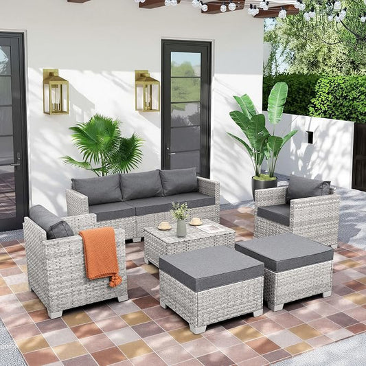 WAROOM Patio Furniture Set 6 Piece PE Rattan Outdoor Conversation Sets Grey Wicker Couch Sectional Sofa with Storage Coffee Table and Grey Cushion