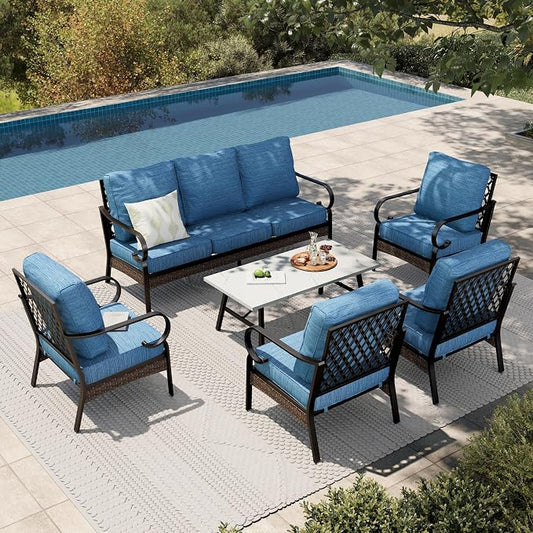 HERA'S HOUSE 6 Piece Metal Patio Furniture Set, All Weather Outdoor Conversation Set with 3-Seat Sofa, 4 Fixed Chairs & Coffee Table, 7 Seats for Backyard, Garden, Deck, Pacific Blue