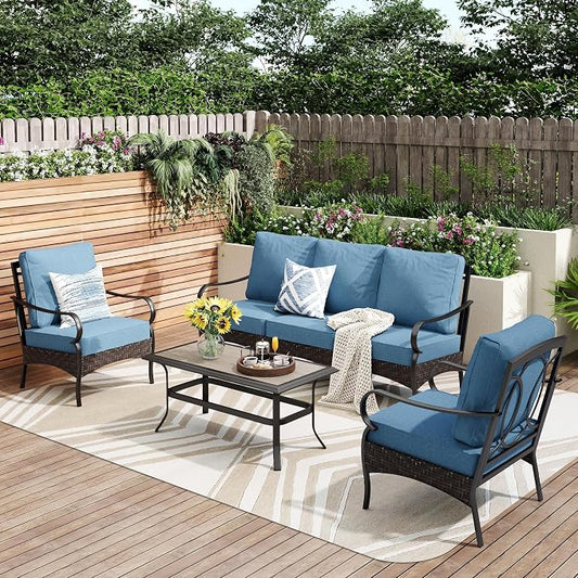 PHI VILLA Outdoor Modern Patio Furniture Set, Upgraded Wicker & Metal Patio Furniture Conversation Set with Waterproof Thick Cushions for Porch, Poolside, Yard (4 Pieces,Navy)