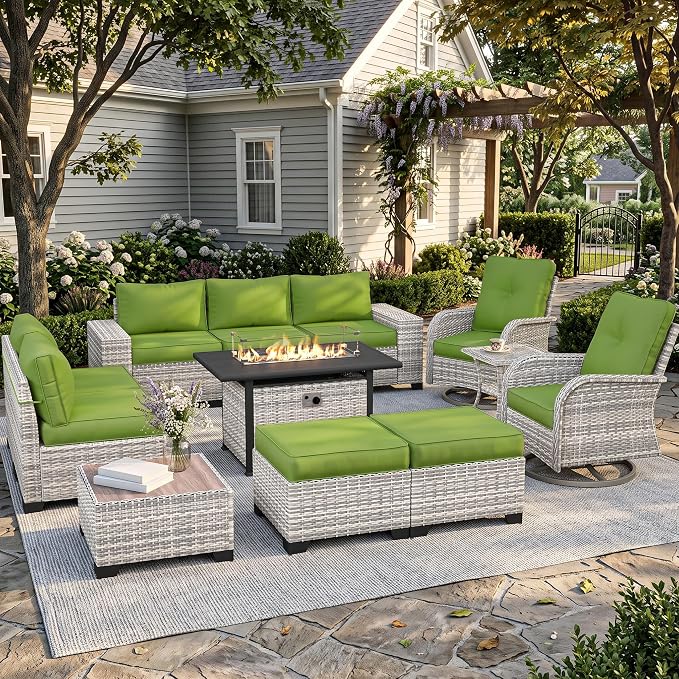 12-Piece Outdoor Patio Furniture Set with Rocking Swivel Chair, PE Wicker Rattan Sectional Sofa 55,000 BTU Fire Pit Table Patio Conversation Set with Ottomans and Chunky Arms, Avocado Green