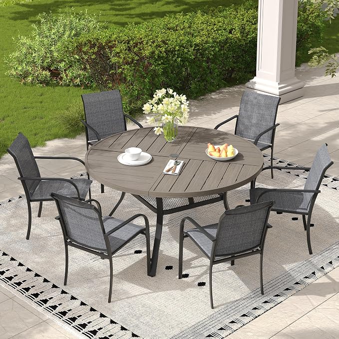 7 Pieces Outdoor Dining Set, Stackable Textilene Paito Chairs & 47.1" Round Dining Table with Umbrella Hole and Shelf, Patio Dining Set for Backyard, Deck, Garden, Grey