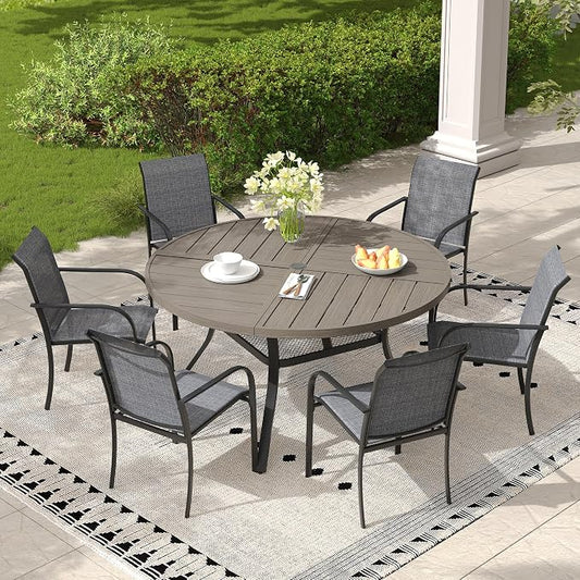 7 Pieces Outdoor Dining Set, Stackable Textilene Paito Chairs & 47.1" Round Dining Table with Umbrella Hole and Shelf, Patio Dining Set for Backyard, Deck, Garden, Grey