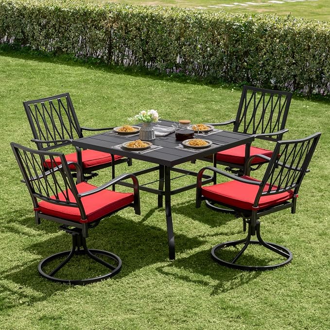 NUU GARDEN 5 Piece Outdoor Dining Set, Outdoor Furniture Set for Square Iron Umbrella Dining Table and 4 Cushioned Swivel Chairs, Black and Red Cushion