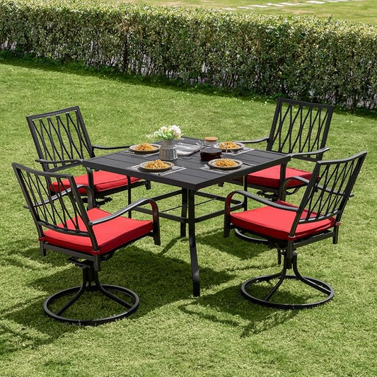 NUU GARDEN 5 Piece Outdoor Dining Set, Outdoor Furniture Set for Square Iron Umbrella Dining Table and 4 Cushioned Swivel Chairs, Black and Red Cushion