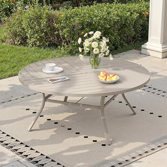 60" Outdoor Dining Table with Adjustable Umbrella Hole, Metal Slatted Round Patio Dining Table for Backyard Garden Deck, Sandshell