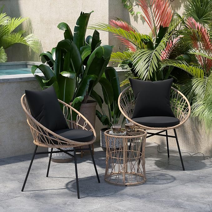 EMMA + OLIVER Ari 3 Piece Boho Patio Set - Tan Finish Faux Rattan Rope Chairs - Black Removable Cushions - Tempered Glass Top Side Table - Indoor/Outdoor