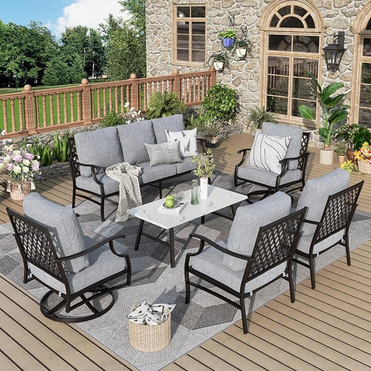 MIXPATIO Patio Furniture Set 6 pcs, Outdoor Patio Furniture, 1 X 3-Seat Sofa, 2 X Single Chairs, 2 X Swivel Chairs, 1 X Coffee Table and 5.75" Extra Thick Cushion, Patio Conversation Set,Grey