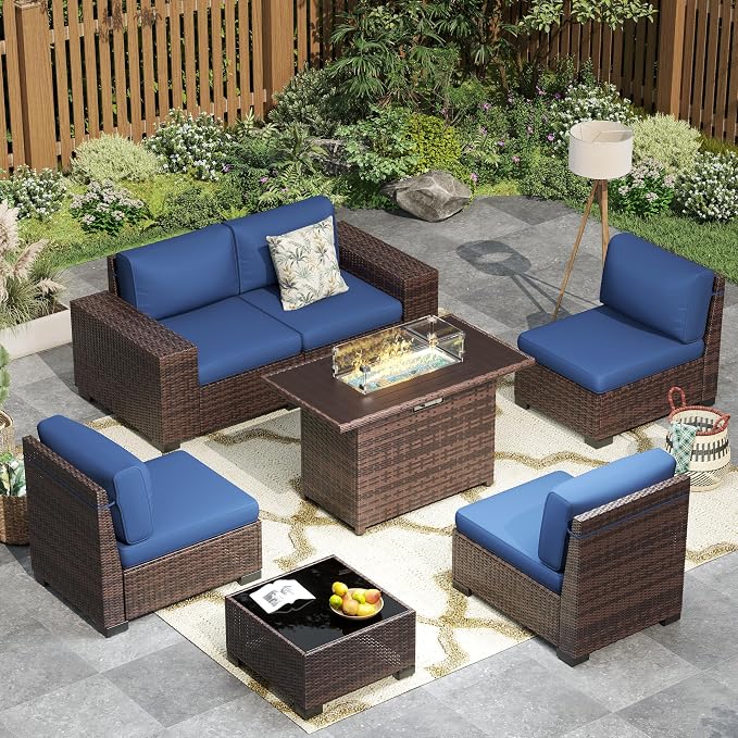Patio Furniture with Fire Pit Table,8‘’ Wide armrest Outdoor Sectional Rattan Sofa Set, Wicker Patio Furniture Sets w/Coffee Table,Thick Cushions and Cover for Porch, Balcony,7PC(Brown&Navy)