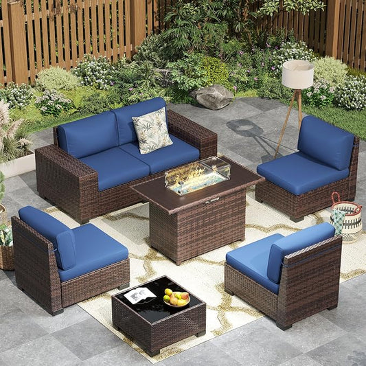Patio Furniture with Fire Pit Table,8‘’ Wide armrest Outdoor Sectional Rattan Sofa Set, Wicker Patio Furniture Sets w/Coffee Table,Thick Cushions and Cover for Porch, Balcony,7PC(Brown&Navy)