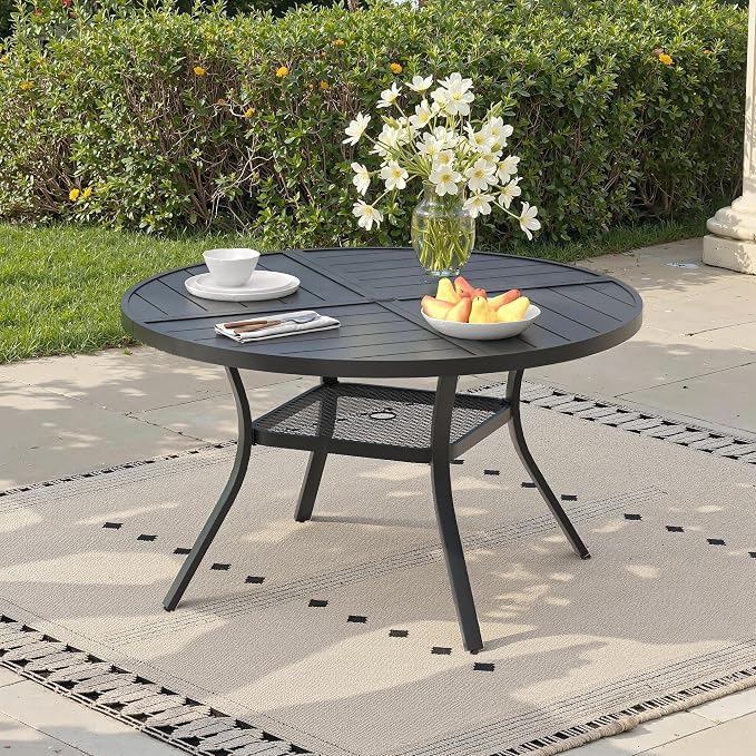 40.6" Outdoor Dining Table with Adjustable Umbrella Hole, Metal Slatted Round Patio Dining Table for Backyard Garden Deck, Black