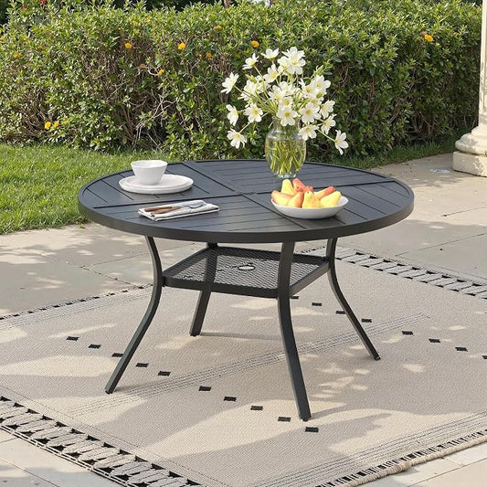 40.6" Outdoor Dining Table with Adjustable Umbrella Hole, Metal Slatted Round Patio Dining Table for Backyard Garden Deck, Black