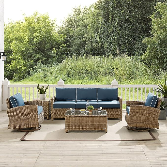 Crosley Furniture Bradenton 5-Piece Wicker Outdoor Sofa and Swivel Rocker Patio Furniture Set for Porch, Brown with Navy Cushions