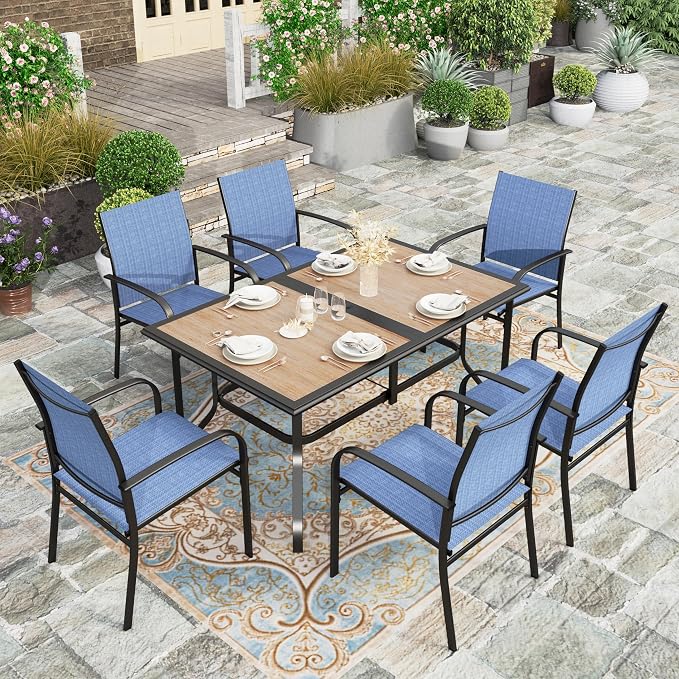 HERA'S HOUSE 7pc Patio Dining Set, Metal Table with PVC Top, Blue Chairs | 60" rectangular table with umbrella hole, 6 textilene chairs. Waterproof, rust-resistant, all-weather for yard, porch