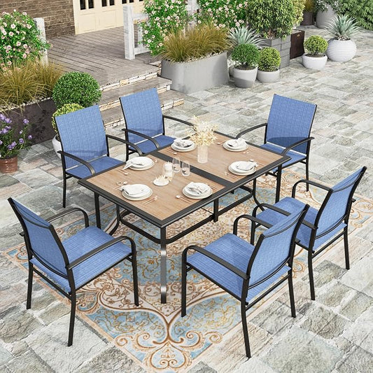 HERA'S HOUSE 7pc Patio Dining Set, Metal Table with PVC Top, Blue Chairs | 60" rectangular table with umbrella hole, 6 textilene chairs. Waterproof, rust-resistant, all-weather for yard, porch