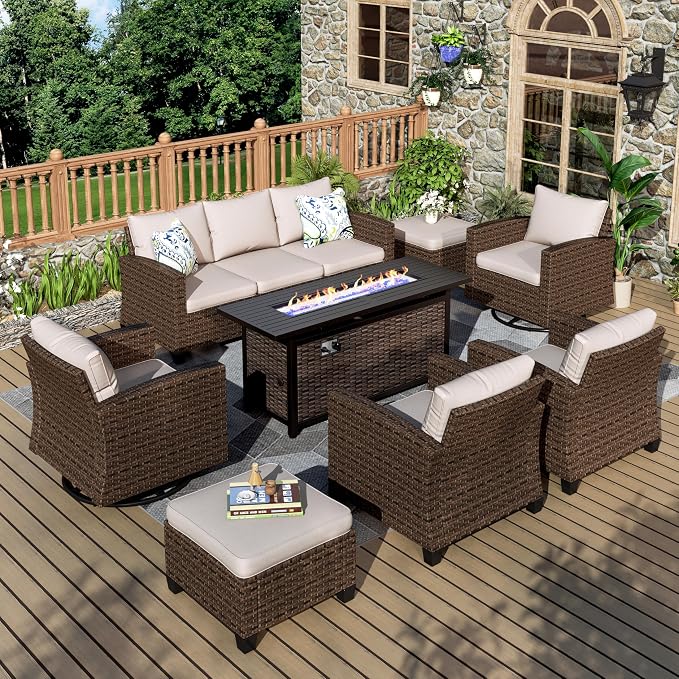 MIXPATIO Swivel Glider Patio Furniture Set, 8 Pcs Wicker Outdoor Conversation Set, 2 x Swivel Chairs, 2 x Leg Chairs, 1 x 3 Seater Sofa and 2 x Ottomans and 56" Fire Pit Table, Beige