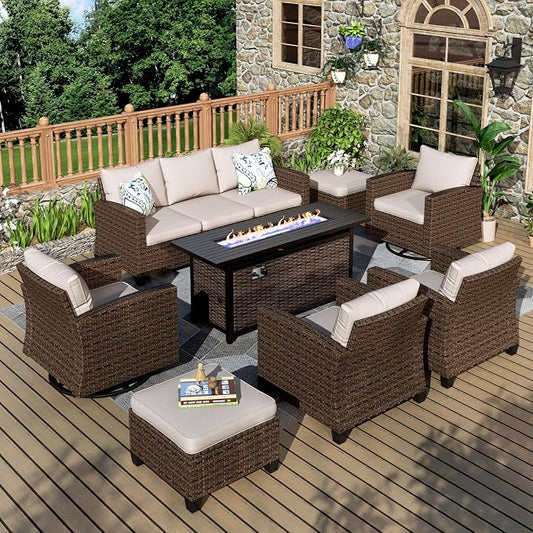 MIXPATIO Swivel Glider Patio Furniture Set, 8 Pcs Wicker Outdoor Conversation Set, 2 x Swivel Chairs, 2 x Leg Chairs, 1 x 3 Seater Sofa and 2 x Ottomans and 56" Fire Pit Table, Beige
