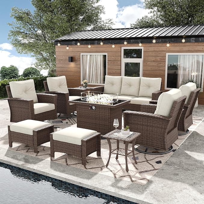 10 Pieces Outdoor Patio Furniture Set with Fire Pit Table, Wicker Patio Sectional Set Conversation Wicker Swivel Chairs with Small Side Table