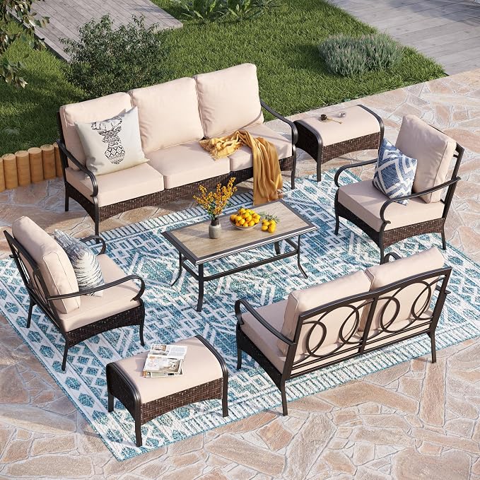 PHI VILLA Extra Large Outdoor Modern Patio Furniture Set, Upgraded Wicker & Metal Patio Conversation Set with Waterproof Thick Cushions for Porch, Poolside, Yard(7 Pieces,Beige)