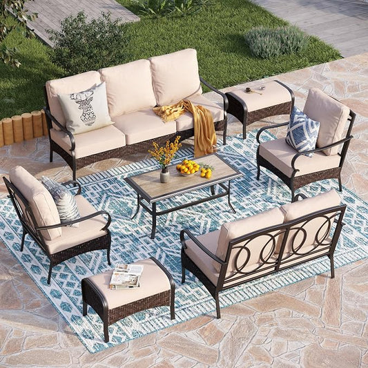 PHI VILLA Extra Large Outdoor Modern Patio Furniture Set, Upgraded Wicker & Metal Patio Conversation Set with Waterproof Thick Cushions for Porch, Poolside, Yard(7 Pieces,Beige)