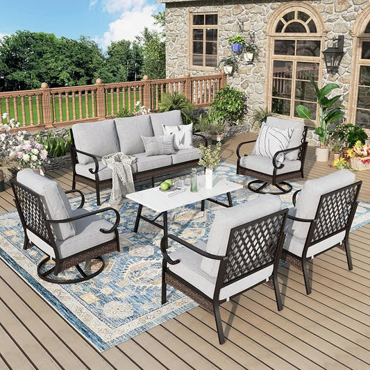 MIXPATIO Patio Furniture Set with Coffee Table, Outdoor Conversation Set with 2 x Fixed Chairs, 2 x Swivel Chairs, 1 x 3-Seat Sofa for Lawn Garden Backyard, Light Grey