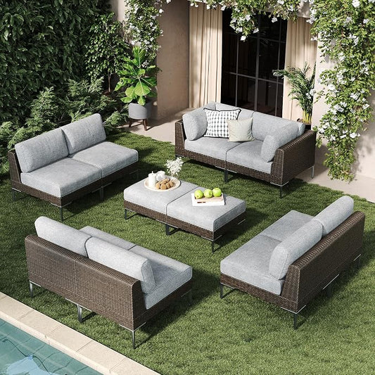 LayinSun 10-Piece Wicker Rattan Patio Furniture Set, Deep Seating Outdoor Modular Sectional Sofa Conversation Set with Thick Cushions for Lawn, Garden