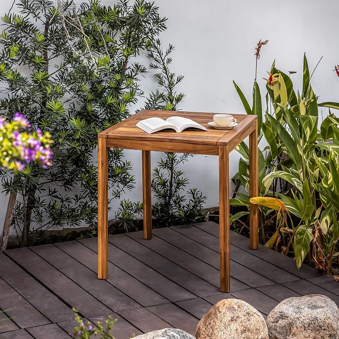 VICTORY RELAX Small Acacia Wood Dining Table for 2-4, Patio Table with Slatted Tabletop, Compact Bistro Table for Balcony, Garden, Poolside & Backyard, Natural Color (29.5'')