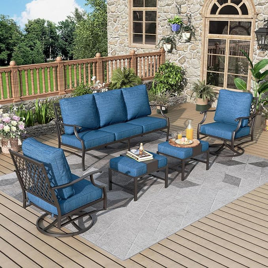 MIXPATIO Patio Furniture Set 5 pcs, Outdoor Patio Furniture, 3-Seat Sofa, 2 Swivel Chairs, 2 Ottomans and 5.75" Extra Thick Cushion, Conversation Set for Backyard Deck,Gemstone Blue