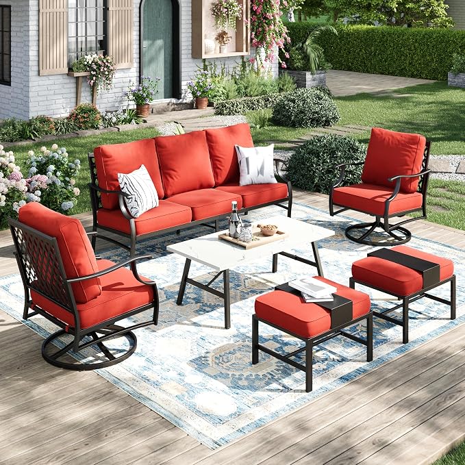 MIXPATIO Patio Furniture Set 6 pcs, Outdoor Patio Furniture, 3-Seat Sofa, 2 Swivel Chairs, 2 Ottomans, Coffee Table and 5.75" Extra Thick Cushion, Conversation Set for Backyard Deck, Red