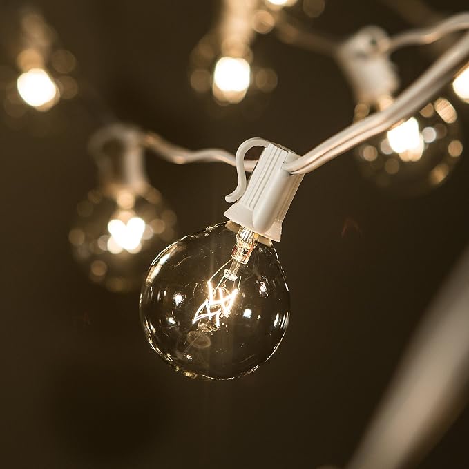 G50 Clear 2 Inch Light Bulbs with C7 Stringer 18 Gauge (White Wire, 25')
